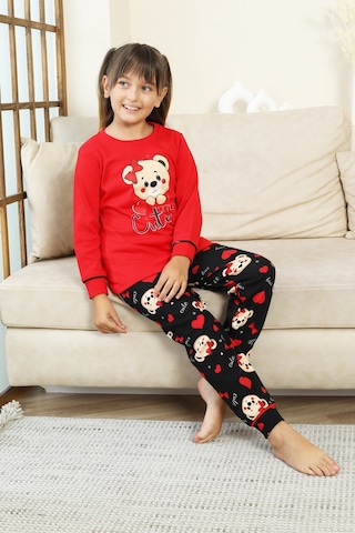 Kız Çocuk Ayıcık Baskılı %100 Pamuk İnterlok Kumaş Pijama Takımı 12347 Nar Cıcegı