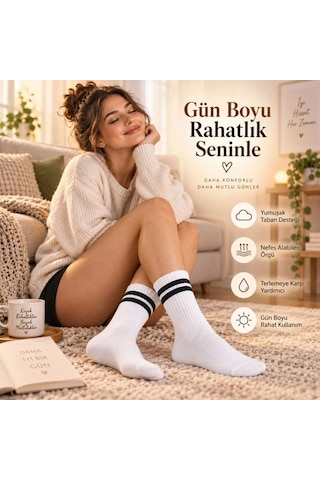 Biçomi Kaymayan, Nefes Alan Çift Çizgili Kolej Stil Unisex Pamuklu Uzun Soket Çorap 12 Li Avantaj Paketi Beyaz