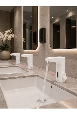 Stilla Çift Su Fotoselli Beyaz Lavabo Bataryası Acar 01.02.206b Altın