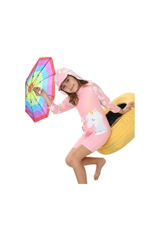 My Kids Wear Şapkalı Fermuarlı Uzun Kollu Kız Çocuk Mayo Mor - Mavi