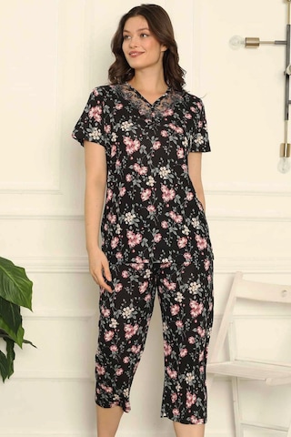 Alimer Kadın Siyah Dantelli V Yaka Bermuda Pijama Takım Edy2708s Siyah
