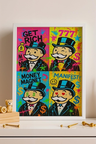 Mr. Monopoly Çerçeveli Tablo Get Rich Genç Girişimci Yatırımcı Ofisi Dekoru Street Art
