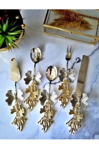 5 Parça Kelebek Desenli Gold Saplı Çelik Servis Seti