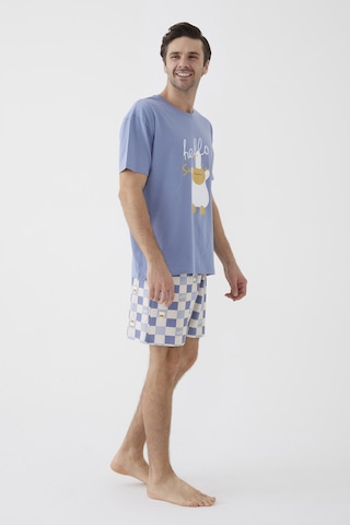 Erkek Kısa Kollu Pamuklu Ekose Desenli Ördek Baskılı Şortlu Pijama Takımı Ke30309 Mavi