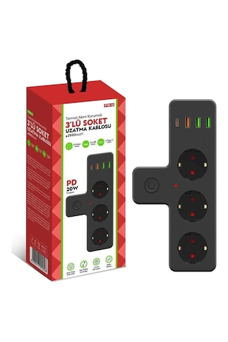 Nivego Termal Akım Korumalı Isıya Dayanıklı 3 Priz 3 Usb 1typce