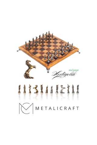 Mc33 - Metal Satranç Takımı Çin Antik Figürlü Metal Taşlar Gerçek Kayın Tahtası - Hediyelik Satran