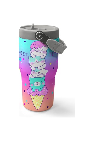 Coral High Renkli Dondurmalı Kedi Desenli Katlanır Ağızlıklı Çelik Termos 600 Ml 38914 Pembe