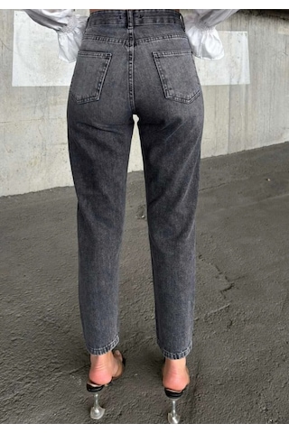 Kene Jeans Yüksek Bel Füme İşlemli Tam Kalıp Lazer Yırtık Mom Jeans Füme İşlemli