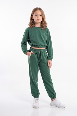 Panios Kids 2'li Yuvarlak Yakalı Beli Lastikli Crop Kesim 4 Parça Kız Çocuk Alt Üst Eşofman Takımı Haki-kırmızı