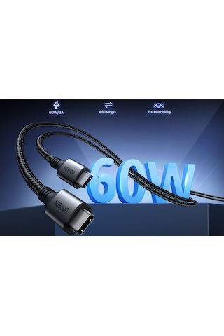 Ugreen Usb-c 60w 3a Qc Pd Örgülü Hızlı Şarj Kablosu, 1 Metre, Siyah, 15373 -