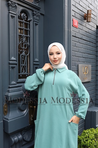 Kadın Mint Yeşili Aerobin Uzun Önü Yarım Fermuarlı İkili Takım T1220 Mint Yeşili