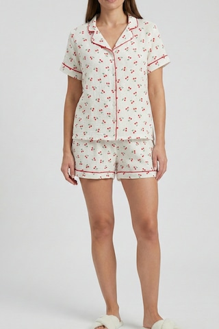 Cherry Ekru Biyeli Müslin Dokuma Şortlu Pijama Takımı Beyaz