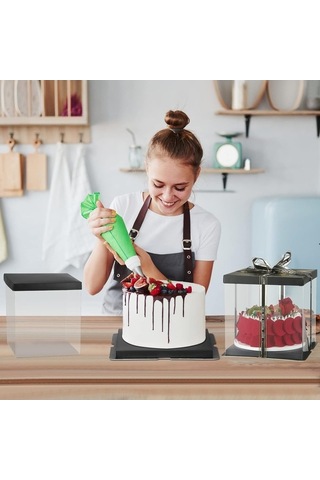 Bloomnest 5 Parça 8-9 İnç Kurdeleli Şeffaf Pasta Kutusu, 6-7 İnç Pasta Ambalajı, Nakliye İçin Siyah