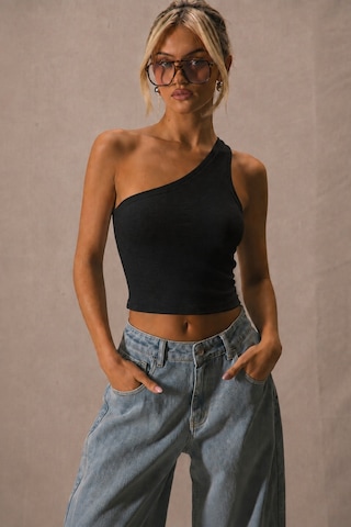 Tarz Cool Kadın Tek Omuz Crop Atlet Esnek Slim Fit Süprem Kumaş Asimetrik Yaka Bluz Siyah