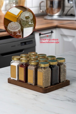 Mienda Home Ahşap Standlı Cam Baharatlık Seti Gold Kapak-etiket 12'li Baharatlık Takımı-mh01gld12 Gold - Şeffaf