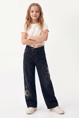 Joy Kids Kız Çocuk Beli Lastikli Ay-yıldız Temalı Ispanyol Paça Kot Pantolon Siyah 11-16yaş