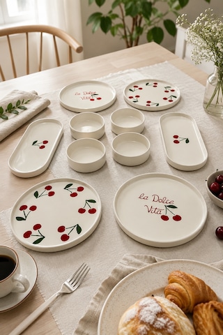 Vita Cherry 10 Parça 4 Kişilik Kahvaltı Takımı Lüx Kahvaltılık Sunum Seti Tabağı & Pasta Sunum Tabağı Beyaz