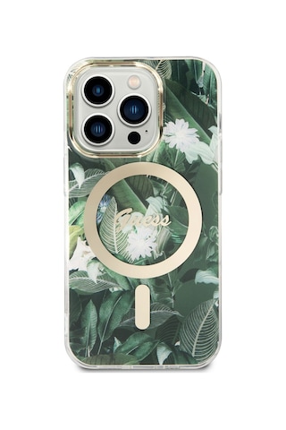 Apple Uyumlu iPhone 14 Pro Kılıf Guess Magsafe Şarj Özellikli Yaprak Desenli Kablolu Kapak