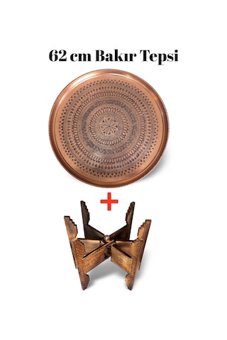 62 Cm El İşlemeli Otantik Desenli Kalın Urfa Bakır Tepsi + Katlanabilir Sehpa - Bakır-tps501 Antik Bakır