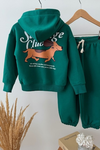 Monila Erkek Çocuk Yeşil Kapüşonlu Köpek Baskılı Pamuklu Sweatshirt Ve Yeşil Eşofman Alt Üst Takım
