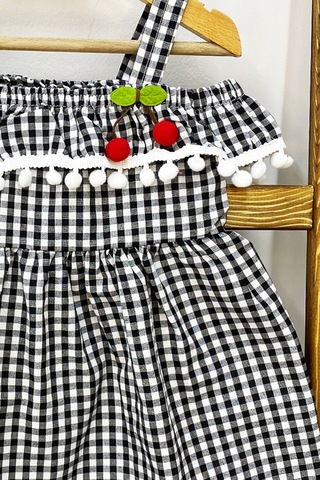 Kız Çocuk Askılı Elbise Dantelli Ekose Desenli B14 Siyah