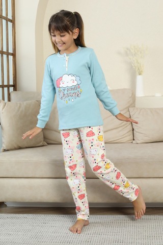 Miniğimin Cicileri Bulut Baskılı Düğmeli Kız Çocuk Pijama Tak... Mavi