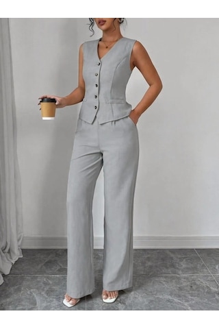 Defymoda Kadın Askılı Önden Düğmeli Bluz Ve Pantolon Keten Ikili Takım Gri