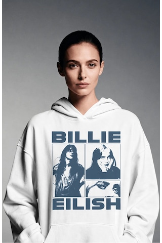 Sevbano Billie Eilish Şarkıcı Sırt Baskılı Unisex Oversize Premium Hoodie beyaz