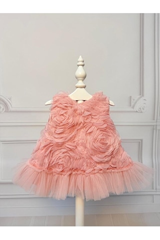 Ministok Mira Gül Kabartmalı Arkası Fiyonklu Kız Bebek Elbise Pembe
