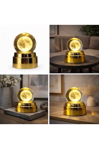 Kristal Küre Ay Lambası, Altın Renkli Taban, Led Işıklı, Masa Lambası, 15 Cm, Sıcak Beyaz Işık Çok Renkli