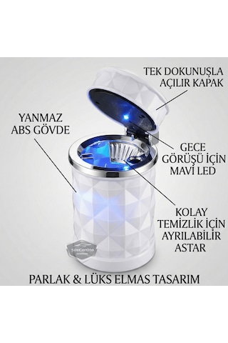 Üniversal Kristal Pırlanta Taş Görünümlü Mavi Led Işıklı Lüx Oto Küllük Kapaklı Spor Araç İçi Küllük Araba Küllüğü Beyaz