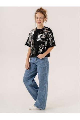 Zekids Kız Çocuk Bol Paça Taşlı Denim Pantolon-13901-mavi Mavi