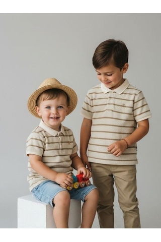 Zekids Erkek Çocuk Yakalı Yarım Kollu Düğmeli Triko T-shirt-16804 Bej