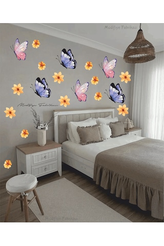 Kelebekler Ve Çiçekler Çocuk Bebek Odası Cam Duvar Sticker Seti Siyah