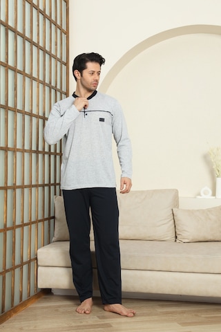 Enisena Erkek %100 Pamuklu Pijama Takımı-robalı Ve 3 Düğmeli-12489 Gri