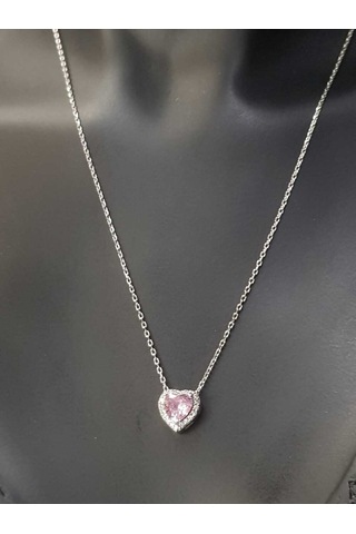 Swarovski Pembe Kalp Taşlı S Model Gümüş Kolye