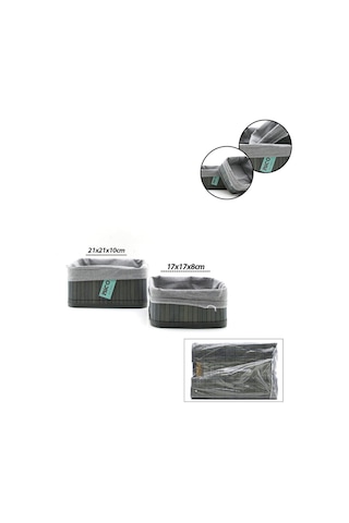 İbico İ22-332 Organizer Sepet 18x21cm 2 Boy Kare Bezli Bambu Kenar Ahşap Altlık Gri