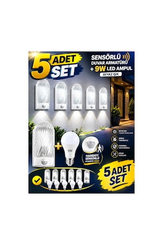 5 Adet Sensörlü Dış Cephe Duvar Apliği -ampul Dahil ,modern Ve Dekoratif Hareket Sensörlü Led Bahçe Ve Teras Armatürü Ip54 Su Geçirmez Sensörlü Lamba,sensörlü Duvar Lambası Beyaz