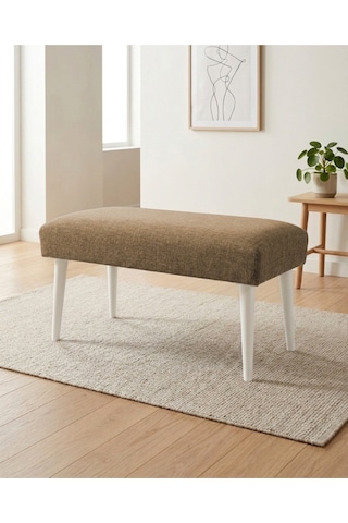 Kahverengi Keten Kumaş Bench Puf 90x45x46 Cm Ahşap Beyaz Ayaklı Demonte Modern Yatak Ucu Bench Oturma Bankı Antre Koridor Pufu