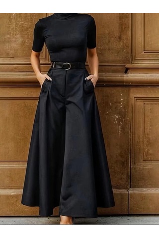 DefyModa Kadın Yüksek Bel Kemerli Double Kumaş Palazzo Pantolon Siyah