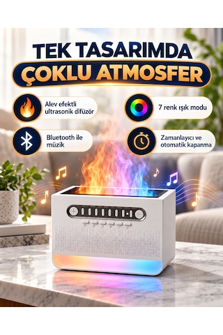 Alev Efektli Aroma Difüzör Beyaz Gürültü Sesli Hoparlörlü 7 Renk Led Işıklı Dekoratif Hava Nemlendirici Buhar Makinesi Ses Seviyesi Ayarlı