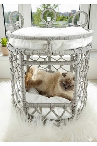 Reyo Lüxperi Kristal Taşlı İki Katlı Kedi Yatağı, Kedi Ranzası Açık Gri