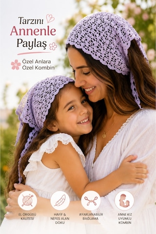 Anne Kız Kombin Bandana El Örgüsü Saç Bandı Bohem Stil Ayarlanabilir 2li Set Mor