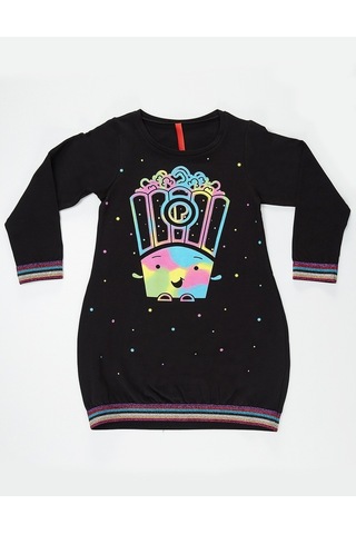 Denokids Mushi Popcorn Siyah Kız Elbise Çok Renkli