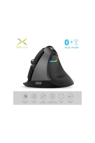 Delux M618 Mini BT 4.0+2.4G Kablosuz Ergonomik Şarjlı Dikey Mouse