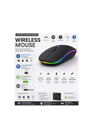 Jng-5013m Kablosuz Şarjlı Mouse Çift Modlu Bluetooth Ve 2.4 Ghz Usb Wireless Rgb Led Işıklı Telefon Tablet Bilgisayar Uyumlu 1600 Dpi Sessiz Click Mouse Diğer