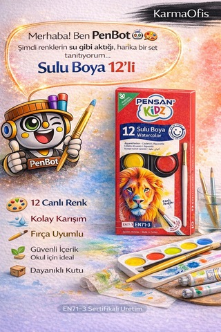 Sulu Boya 12 Li 12 Canlı Renk, Okul İçin İdeal, Yerli Üretim Beyaz
