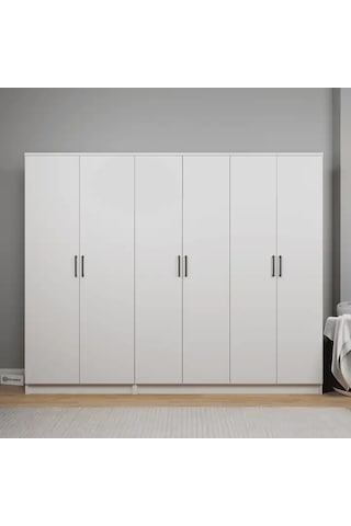 Kardelen Serisi 220 Cm Mat Beyaz 6 Kapılı 9 Raflı Elbise Dolabı - Gardırop Seti Beyaz