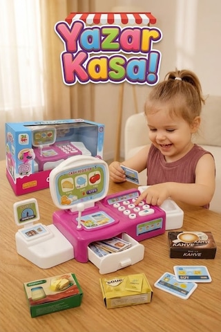 Sesli Oyuncak Yazar Kasa Market Seti - Pilli, Aksesuarlı, Hesap Makineli Evcilik Oyuncağı Pembe