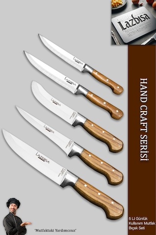 Lazbisa Mtf-032 Hand Craft Mutfak Bıçak Seti Et Ekmek Sebze Bıçağı 5 Li Set Günlük Kullanım Kahverengi